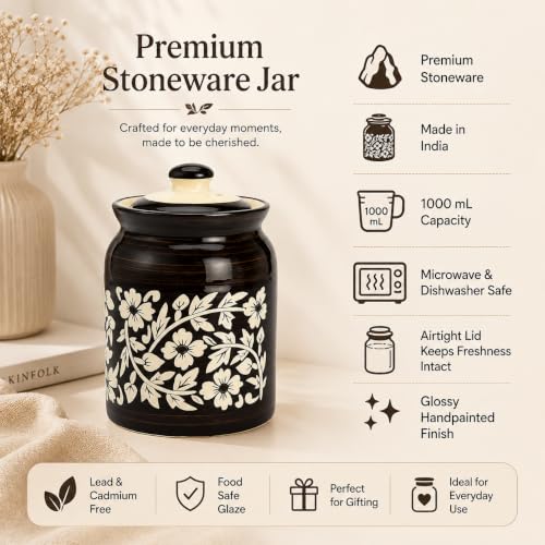 Image of D'Maiolica Ceramic Handmade Pickle Jars in 1000ml (set of 2) | Floral Bale 1 kg Achaar Martban | Ceramic Jadi for Kitchen Storage (Set of 2) | Jars for Achar, Spices, Salt (Regal Black Blossom)