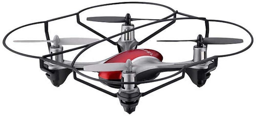 Propel Zipp Nano 2.0 Drone in red and silver with propeller guards, viewമുന്നിൽ നിന്ന് ed.