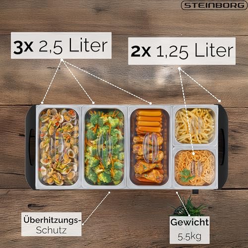 Foto von Steinborg® Buffetwärmer XXL elektrische Warmhalteplatte mit Deckel Speisewärmer 450 Watt 5 Speisebehälter Buffet Wärmer Speisenwärmer Chafing Dishes Buffet & Catering 10 Liter
