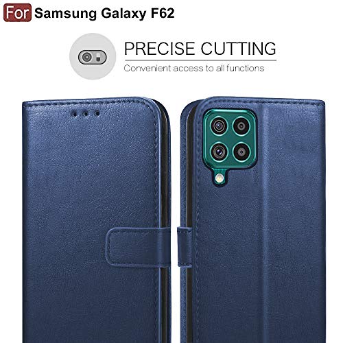 Image of CEDO Flip Cover for Samsung Galaxy F62 (4G) | Leather Finish | Inside Pockets & Inbuilt Stand | Shockproof Wallet Style Magnetic Closure Back Case Flipcover (Blue)