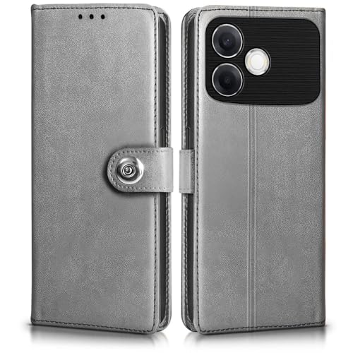 Image of WOW IMAGINE Shock Proof Flip Cover Back Case for Oppo F33 Pro 5G (Magnetic Button Flip Case | Wallet Pockets & Stand | Leather Finish | Stone Grey)