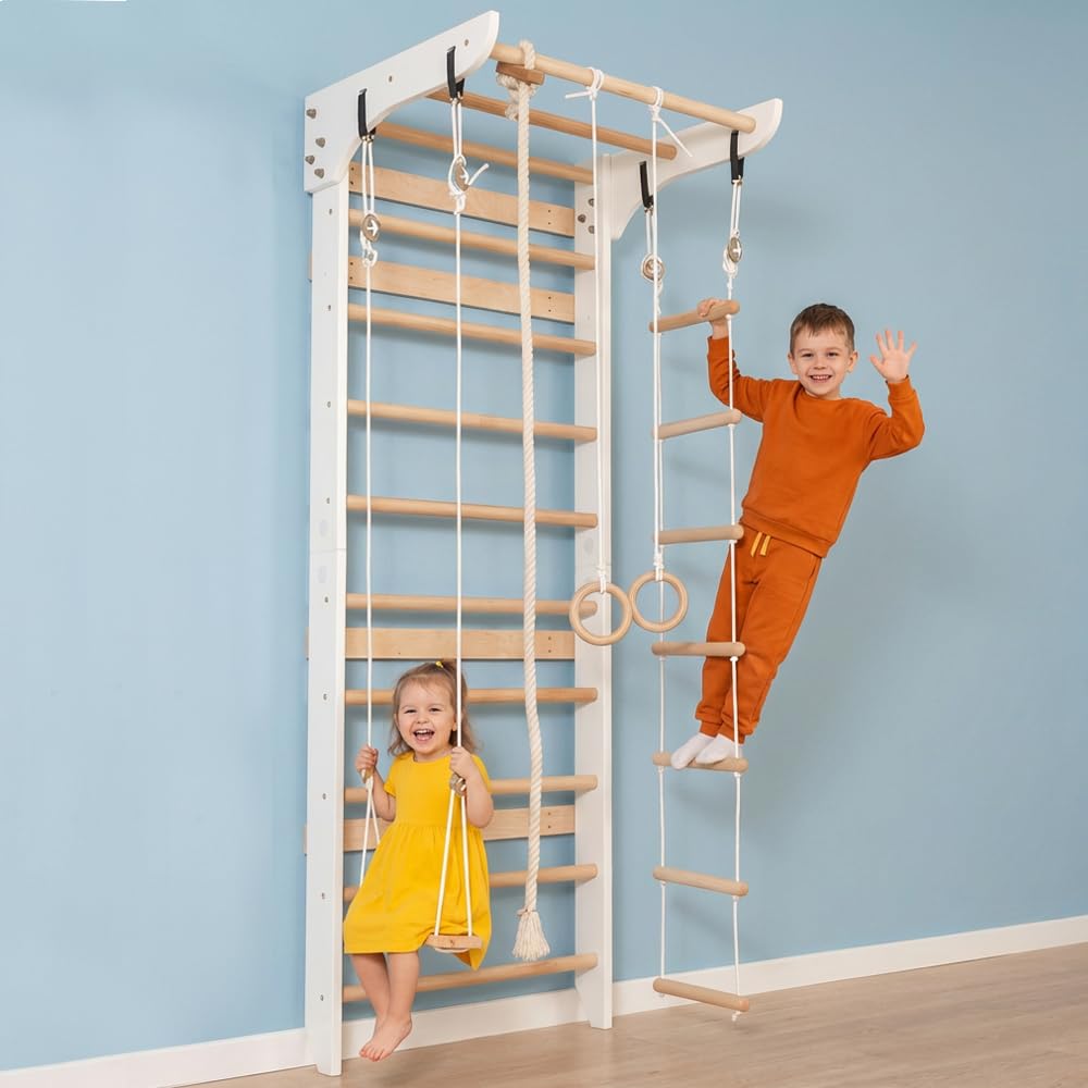 WEDANTA Wooden Swedish Ladder Wall Set – Kids Stall Bars for Exercise – Kids Swedish Gymnastic Wall Gym – Wood Stall Bar Gymnastics Playground – Best Gym for All Family