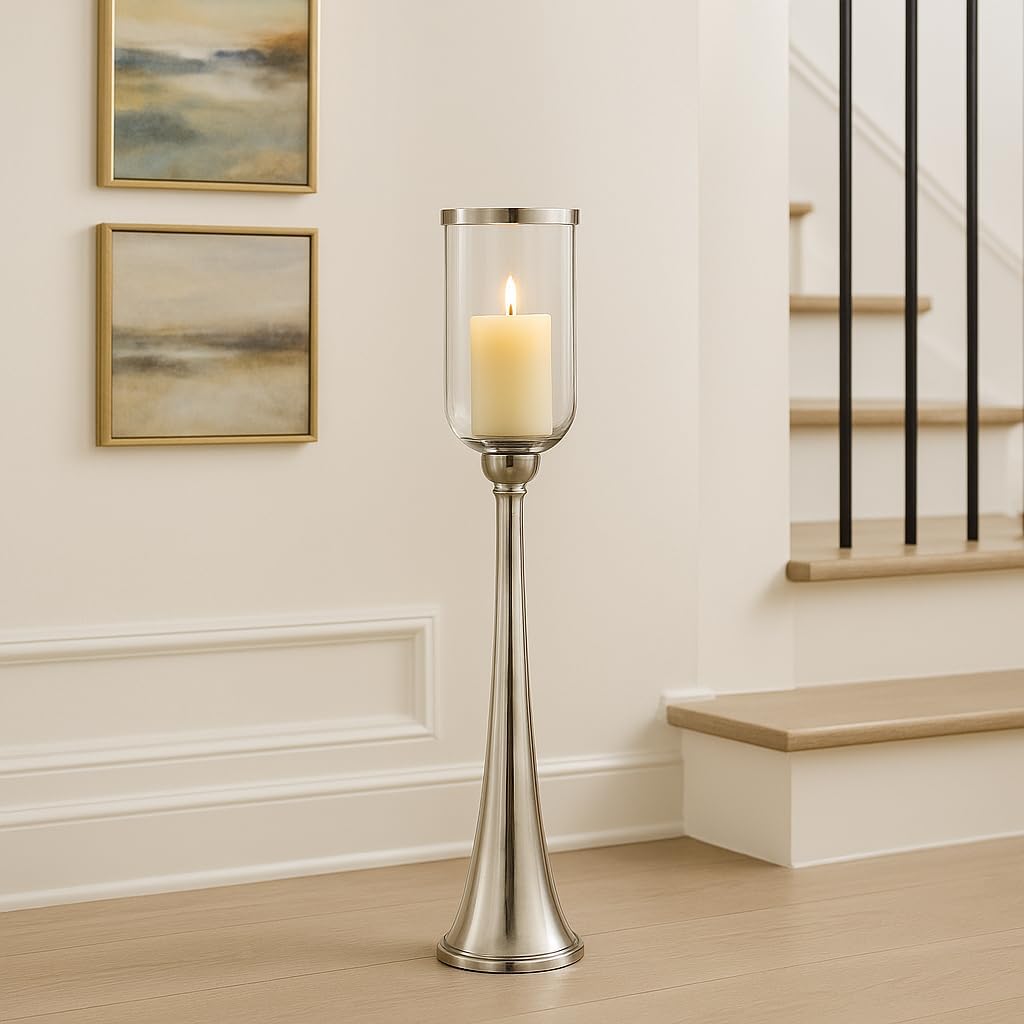 Elegant Glass Hurricane Candle Holder for Home Decor - Decorative Tall Pillar and Taper Candlestick Holder for Table Centerpieces - Stylish Wedding Decoration or Living Room Decor - 34", Silver