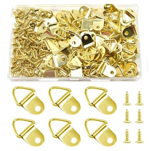 Image of Pack of 100 Single Hole Hangers Metal Triangles D Rings with Screw Painting Hangings Hook Picture Hangers Set