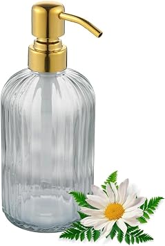 Glass Soap Dispensers Brushed Gold, for Kitchen and Bathroom, Heavey Glass Bottle 15oz, Stainless Steel Head