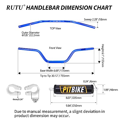 Image of Handlebars 7 /8 Inch for Motorcycle,RUTU Upgraded Universal Dirt Bike Handle Bar with Crossbar Pad Mid-Rise Mini Bike Pit Bike Handlebar for Motocross ATV Quad - Blue