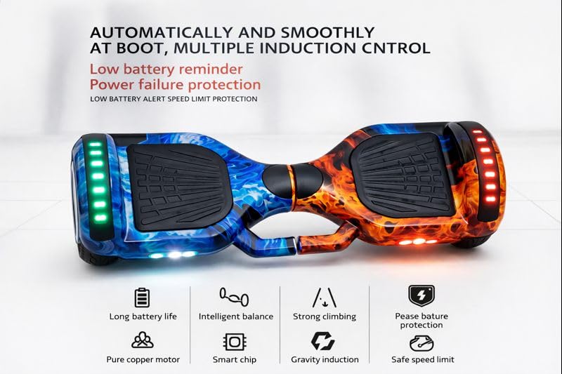 Image of Self-Balancing Hoverboard with Bluetooth Speaker & LED Lights | Smart Balance Technology | Anti-Slip Foot Pads | Built-in Battery Indicator | Carry Handle | Multicolour Design | For Kids & Adults