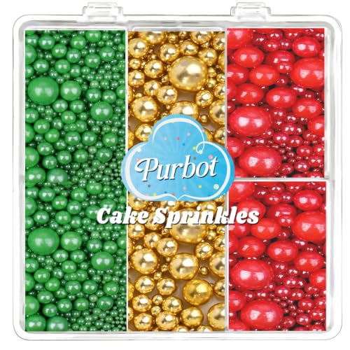 Image of Pearl Sprinkles for Cake Decorating, 4 Sizes Sugar 130g /4.6oz, Cupcake, Ice Cream, Donuts, Macaron Toppings Supplies (2mm, 4mm, 7mm, 1cm) (Gold Green Red)