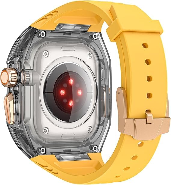 Image of AUGEN Luxury Transparent Apple Watch Modification Kit Compatible with Series 9 /8 /7 (45mm) & SE2 /6 /SE /5 /4 (44mm) | Premium Fluororubber Strap Band with Transparent Protective Case for Men & Women (Upgrade Mod Kit) (Yellow)