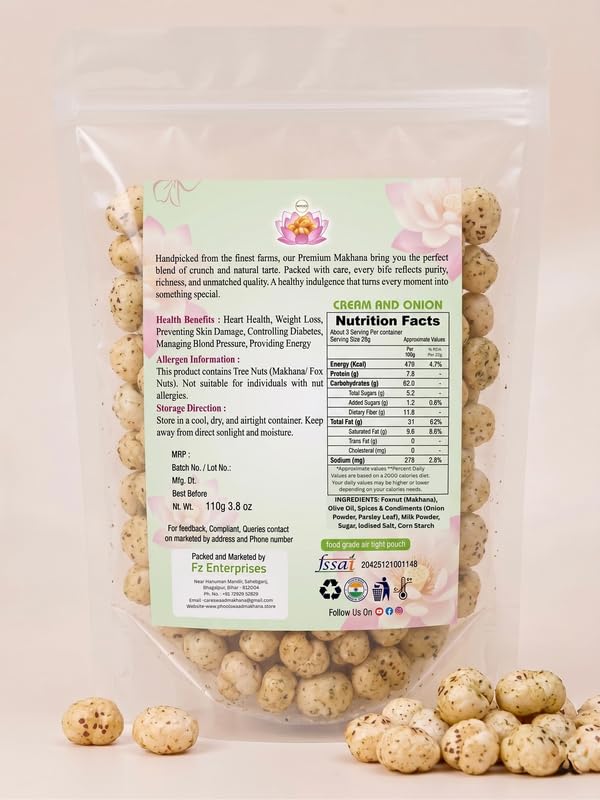 Image of PHOOL SWAAD Cream and Onion Roasted Makhana (110GM) - Classic Crunchy Fox Nuts | Gourmet Lotus Seeds Savory Snack | Healthy Diet Snacks for Weight Loss, Protein-Rich