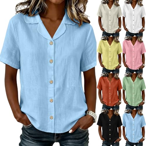 Women's Cotton Linen Camp Collar Button Down Shirt Short Sleeve Light Blue