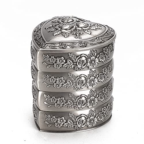 Caja de joyería en forma de corazón, recipiente decorativo para joyas con estilo europeo retro, forrado con suave forro polar para anillos, pendientes y collares, regalo vintage (4 niveles)