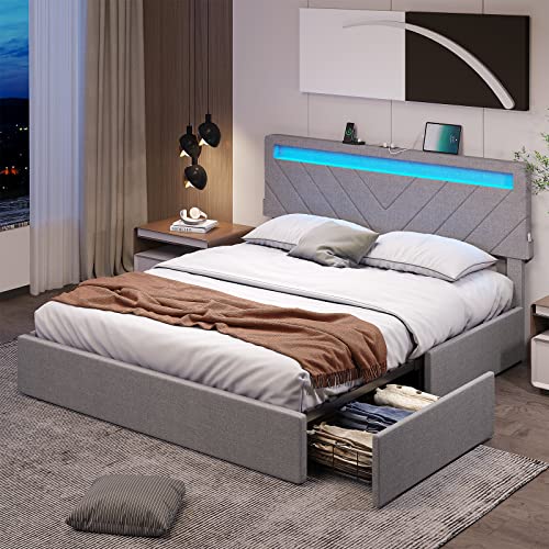 Tiptiper Full Led Bed Frame With 2 Usb Charging Station, Platform Bed Frame Full With Height Adjustable Headboard, Easy Assembly, No Box Spring Needed, Light Grey #TOP22