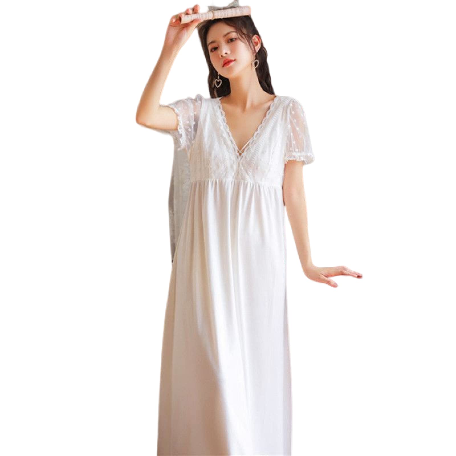 OFFSUM Camisón De Pijama De Mujer - Camisón Informal De Verano Longitud Media De Color Sólido Vestido De Palacio De Algodón Ropa De Descanso Sexy De Encaje con Cuello En V