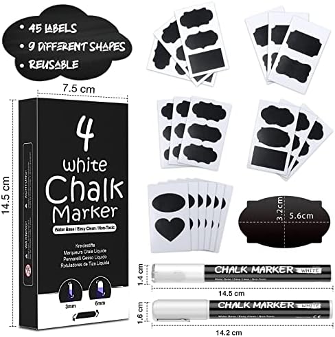 White Chalk Pens, Liquid Chalk Pens for Blackboards, Chalkboard, Glass Jars, Window, 4Pack Chalk Markers (3mm and 6mm Reversible Tip) with 45 Labels, Wipeable Blackboard Pen Teacher Office Supplies
