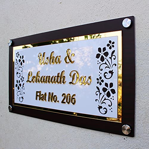 iCreations Personalised Home Name Plate with Golden Acrylic embossed Letters wooden background (9 x 16 Inch) White