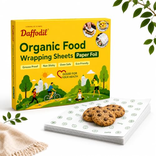 Image of DAFFODIL Organic Food Wrapping Paper Sheets Set of 100 | 25 x 30 CM Pre-Cut Food Safe Butter Paper | Grease Resistant, Non-Stick Food Wrap for Roti, Sandwich, Burger, Paratha, Snacks & Lunch Packing