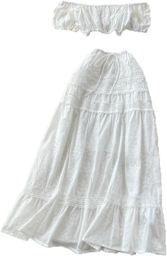 Women Embroidered Vintage Hollow Out Bohemian Dress Off Shoulder Elastic Waist Midi Skirts