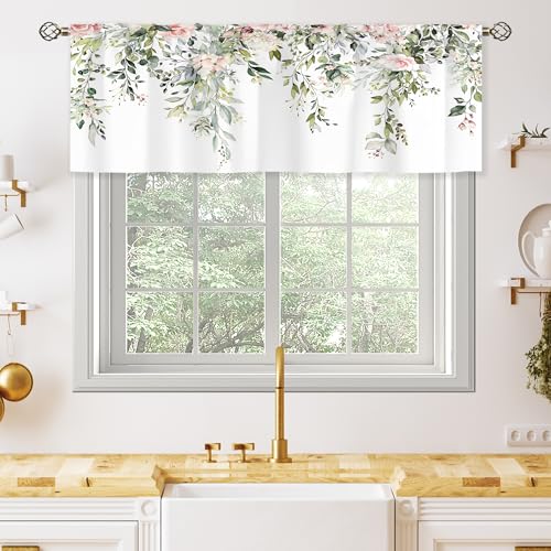 oolygoo Pink Rose Valances Kitchen Curtains Flower Eucalyptus Botanical Leaves Window Drapes Floral Plants Bedroom Bathroom Living Room Treatment Tier 1 Panel 52Wx18H Inch