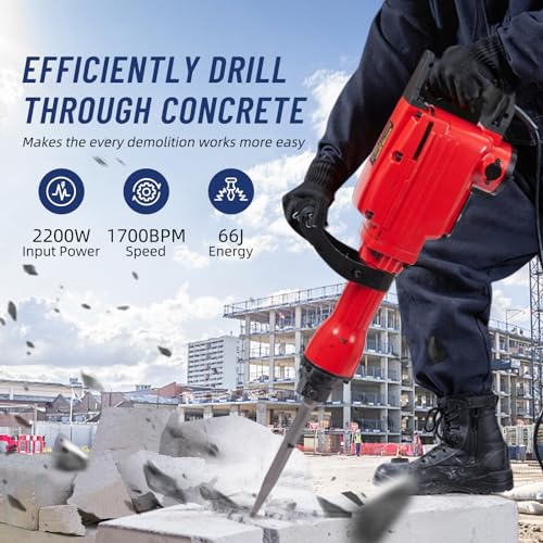 2200W Demolition Jack Hammer, Electric Jack Hammer with 6Pcs Chisels Bit Set, Heavy Duty Power Hammer Metal Concrete Breaker Jack Hammer Electric Tool Kit with Case & Gloves, High Power & Durable