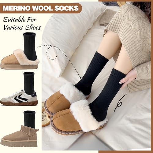 Image of EBMORE 5 Pairs Women Merino Wool Boot Socks Warm Thermal Winter Thick Hiking Cozy Cabin Crew Comfy Socks for Ladies