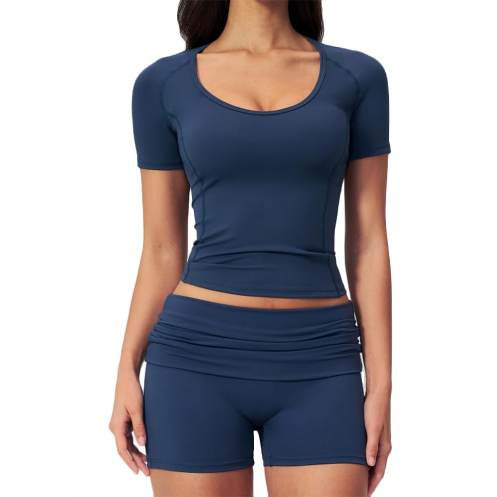 XYFfybhsd Women's 2-Piece Workout Set, U-Neck Short Sleeve Compression Top & Fold-Over High Waist Biker Shorts(Size:S,Color:Dark blue)