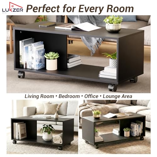 Image of Lukzer Engineered Wood Center Table with Wheels | CT-003 /Black | Open Rack Storage Organizing Desk Bed Side Display Stand Fashionable Furniture Rolling Coffee Tea Table DIY (80X40X40 Cm)
