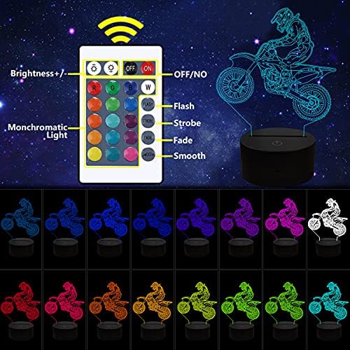 QpenguinBabies Motorcycle Gift Motocross 3D Illusion Lamp Kids Night Light Motorbike Gifts, Motorcycle 3D Lamp Christmas Birthday Gifts for Kids with Remote Control 16 Colors 4 Changing Mode