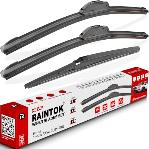 RAINTOK Windshield Wiper Blade Set Replacement for Toyota Rav4 2006-2012 Original Equipment Replacement Front Wiper Blades-24"/17"/12" (Set of 3) U/J Hook