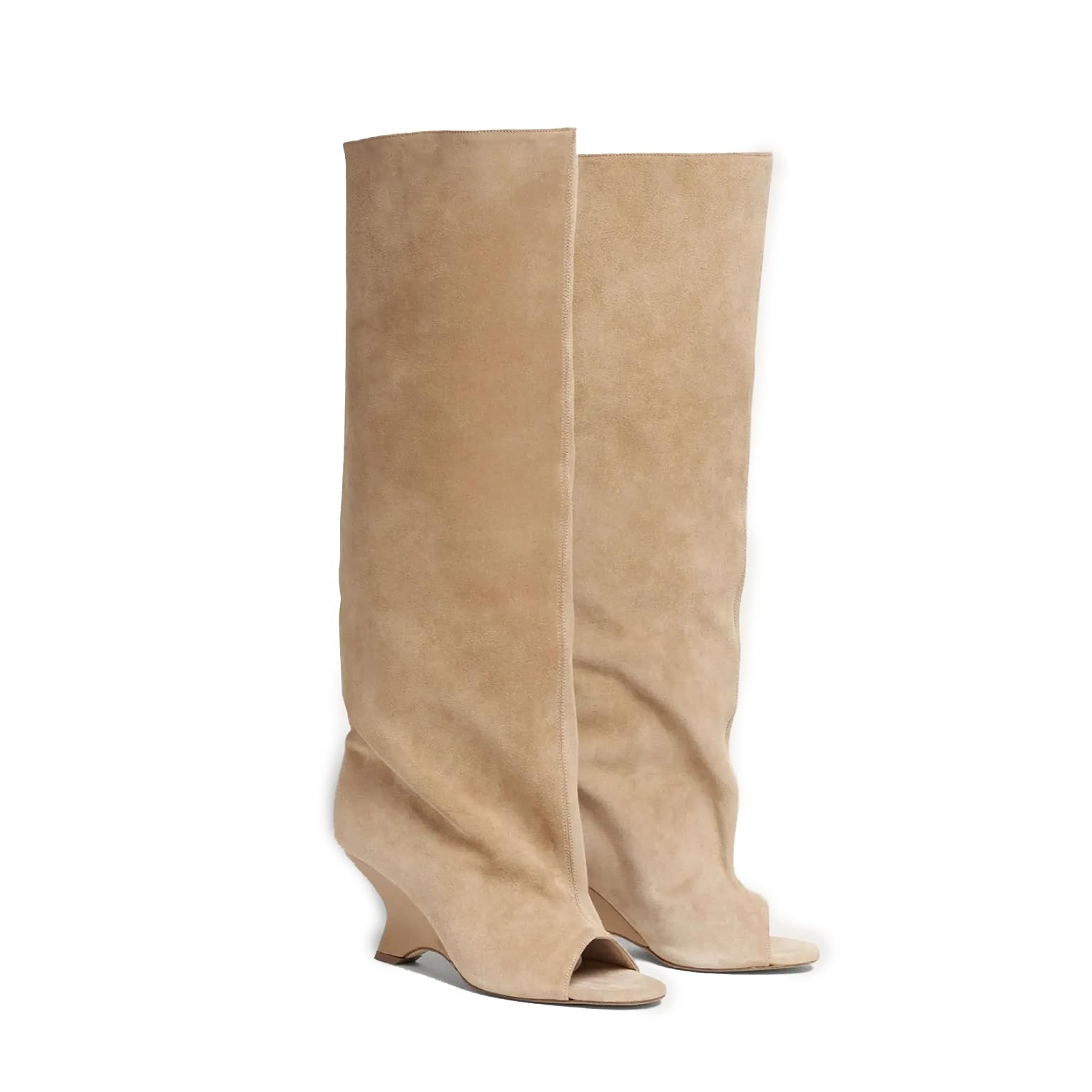 Womens Knee High Boots Suede Camel Wedge Heel 3 Inch Open Round Toe Pull On Wide Calf Comfortable