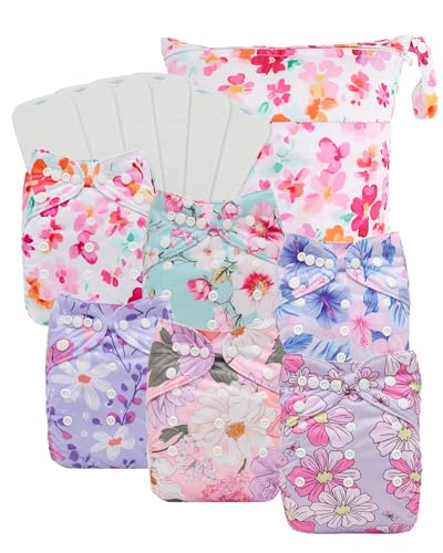 Image of Babygoal Baby Cloth Diaper 6 Pack with 6pcs Inserts and Wet Bag for Fitted Diapers and Prefolds, Adjustable and Reusable Covers for Toddler Boys and Girls