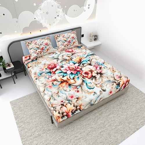 Image of Dream Weaverz 7D Bedsheet for Double Bed King Size with 2 Pillow Covers | Luxury Multicolor Floral Printed Flower Design | Soft Glaze Cotton Feel | Elastic Fitted Upto (72 x 78 x 12) Inch Mattress