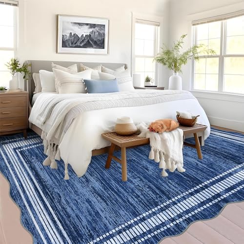 GarveeHome Scalloped 8x10 Rugs Washable Area Rugs for Living Room, Modern Bordered Solid Rug for Bedroom, Abstract Scalloped Non-Slip Stain Resistant Carpet for Dining Room Home Office Dorm,Blue