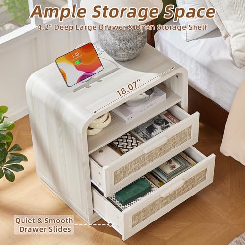 Image of LEYAOYAO Rattan Night Stand with Charging Station, Grey White | 23.6 inch Curved 2 Drawers Nightstand with Storage Shelf & Solid Handle, Boho Bedside Tables for Bedroom, Living Room