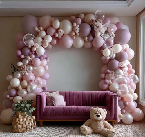 Image of Pink White Balloon Arch Double Stuffed Pearl Pink Bobo Balloons Garland for Birthday Baby Shower Bridal Shower Wedding Fairy Baptism Party Decorations