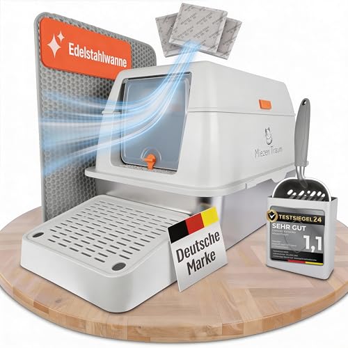 Katzenklo Edelstahl mit Deckel, XXL Katzentoilette mit effektivem Geruchsfilter inkl. 3 Aktivkohlefilter – Premium Klo mit hohem Rand und 2 Türöffnungen 60x40cm (Grau)