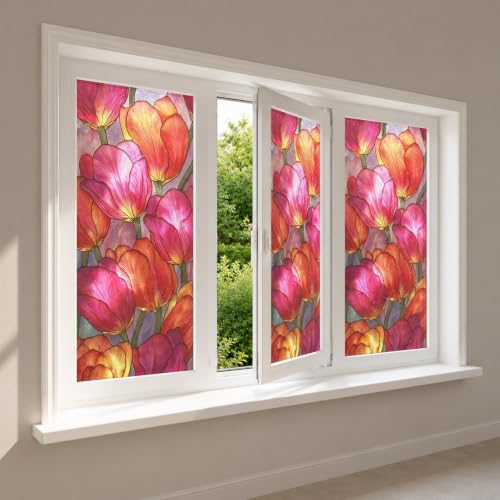 Image of Nuxovilar Gothic Rainbow Pink Tulip Pattern Window Film 17.5x39.3 PVC | Pink Tulip, Gothic Cling spring flower sticker, rainbow glass wrap for bedroom living room dining area (Pink Tulip)