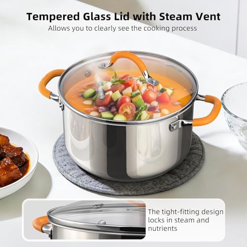 Ciwete Stainless Steel Stock Pot, 5.2 Quart Soup Pot with Lid, Heavy-Duty Thick Bottom Induction Cooking Pot for Pasta, Stew & Simmering, Even Heating, Compatible with All Cooktops, Dishwasher Safe
