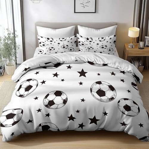 UUZEAI - Juego de Funda nórdica con diseño de fútbol de Dibujos Animados, tamaño Individual, Ropa de Cama Deportiva para niños y Adolescentes, Color Blanco (170 x 210 cm + 50 x 75 cm x 2)