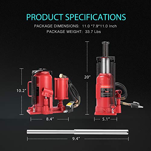 Specstar Pneumatic Air Hydraulic Bottle Jack With Manual Hand Pump 20 Ton Heavy Duty Auto Truck Travel Trailer Repair Lift Red #TOP6