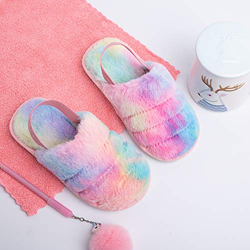 Kids Fluffy Fuzzy Slippers Rainbow Color House Home Slippers for Boys and Girls Faux Fur Slides with Strap Little Kids Slip-on Shoes by techcity - Used condition - Image 2