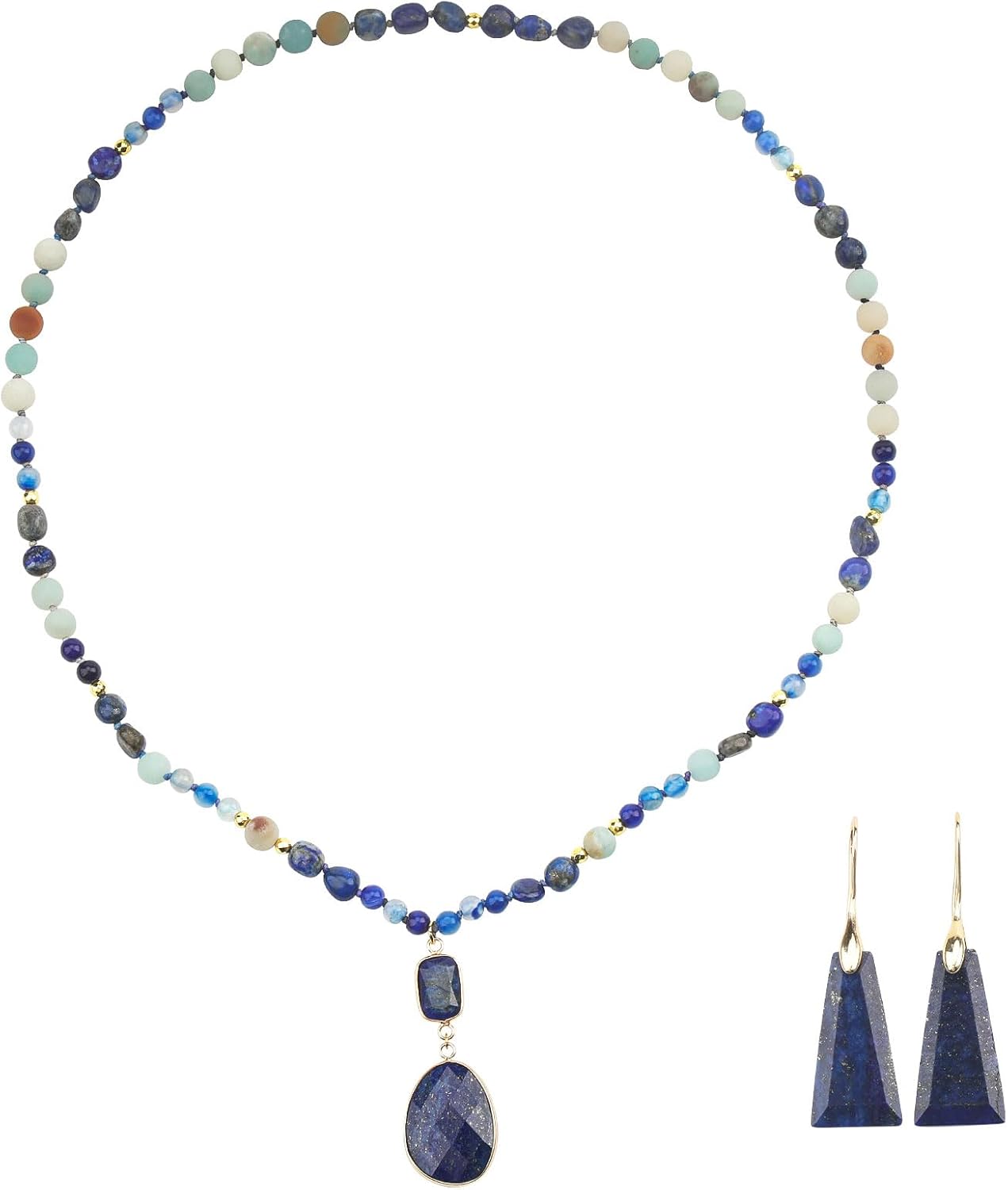2 Pcs Boho Lapis Lazuli Jewelry Set for Women - Handmade Natural Stone Beaded Long Necklace with Oval Lapis Lazuli Pendant & Trapezoid Lapis Lazuli Earrings | Vintage Elegance | Ideal Gift for Her - Image 7