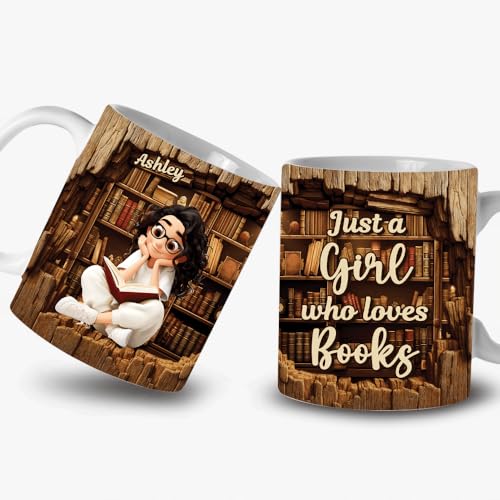 Image of Personalized Books Lover Mug, 11oz 15 oz Ceramic Coffee Cup, Just A Girl Who Loves Reading Books Design, Gift for Women Readers, Christmas (Book-Cartoon)