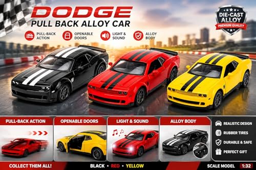 Image of Dodge Challenger SRT Hellcat Diecast Toy Car 1:36 Scale Pull Back Model Car with Sound & Lights, Openable Doors & Hood, Zinc Alloy Metal Muscle Car for Kids Boys Collectors