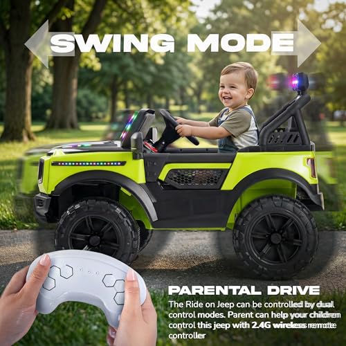 Image of Baybee CruzeX 4x4 Battery Operated Jeep for Kids with Parental Control | Baby Ride On Electric Car with RGB Lights, Music & Swing Mode | Rechargeable Battery Car for Kids 2to6 Years (Florescent Green)