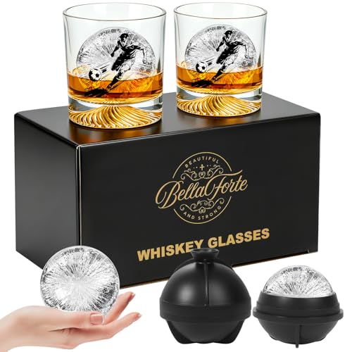 Soccer Player Whiskey Glass Gift Set for Men, 10oz Heavy Base Old Fashioned Glass with Football Athlete Design + 2 Patented Silicone Ice Ball Molds, Bourbon Scotch Gifts for Men, Husband, Sports Fans