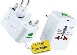 Kit 2 Adaptadores Tomada Universal Padrão Internacional Adaptador Mais de 150 Países Para Viagem Trava Segurança Bivolt EUA UK JP AU EU Premium