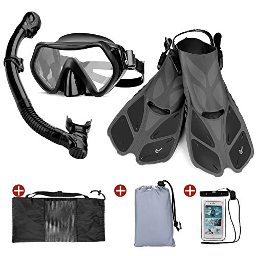 Odoland Snorkel Set 6-in-1 Snorkeling Packages with Diving Mask, Adjustable Swim Fins, Mesh