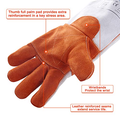 Foowoo Cowhide Leather Stick/Mig Welding Gloves With Kevlar Heat/Fire Resistant Thread,Mitts For Fireplace,Stove,Oven,Grill,Pot Holder,Plasma Cutter,Animal Handling,16" Long Sleeve/Welder Hand Protect #TOP3