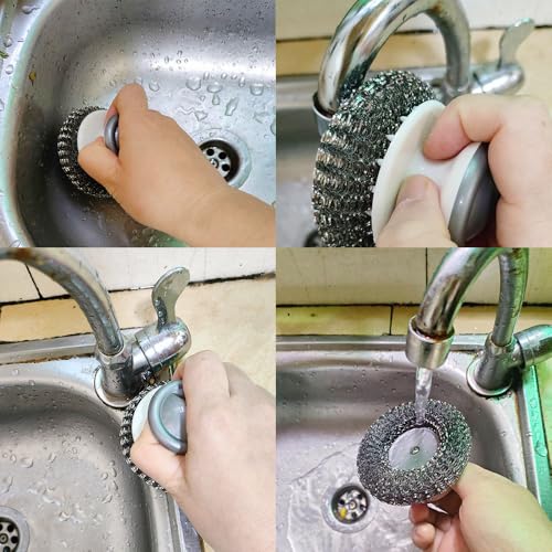 Image of 1Pack Stainless Steel Wool Scrubber with Handle, Heavy Duty Dish Scrubber, Steel Brush for Kitchen, Dishes, Pans, and More (Grey)